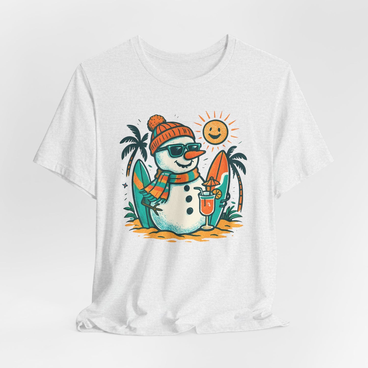 Frosty on Vacation Graphic Tee — Surfing Snowman with Drink Summer Holiday T-Shirt