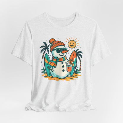Frosty on Vacation Graphic Tee — Surfing Snowman with Drink Summer Holiday T-Shirt