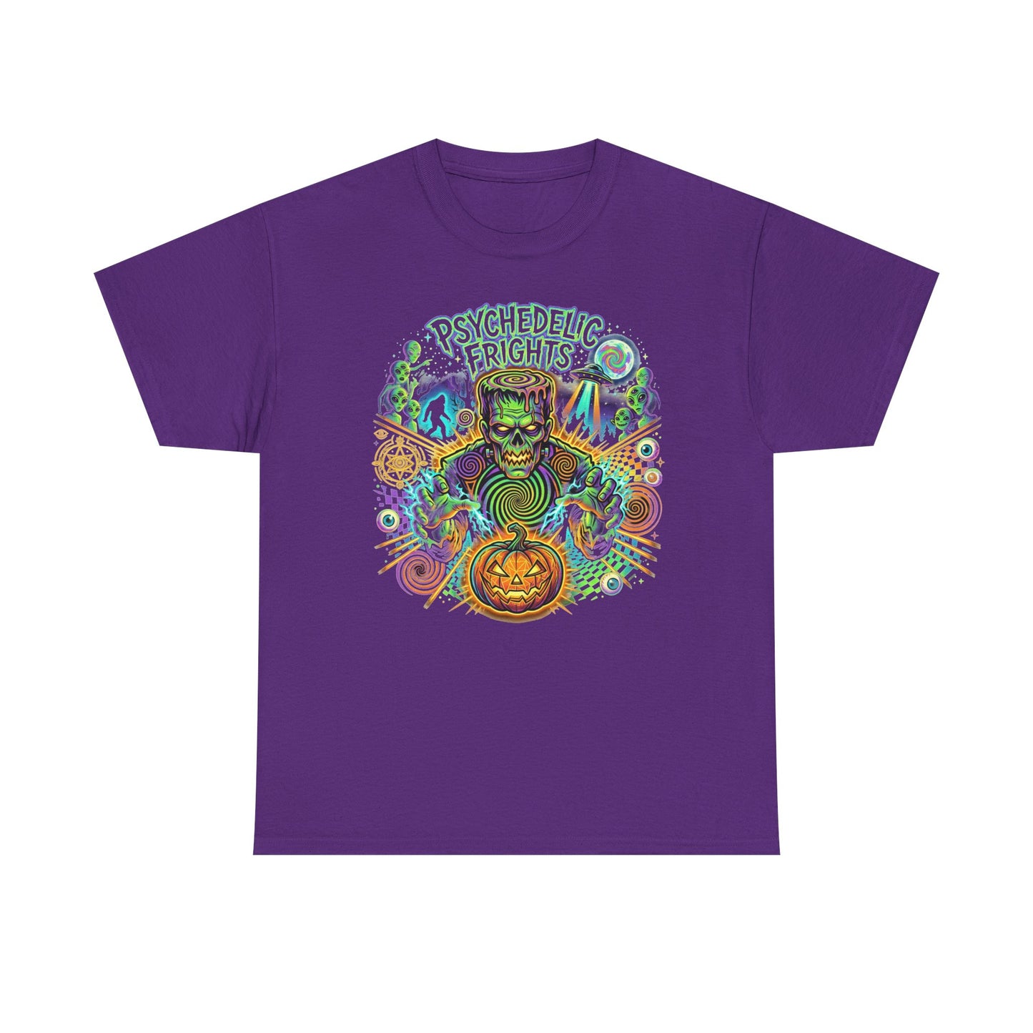 Psychedelic Monsters Halloween Tee — Spooky Pumpkin and Sasquatch Horror Graphic T-Shirt