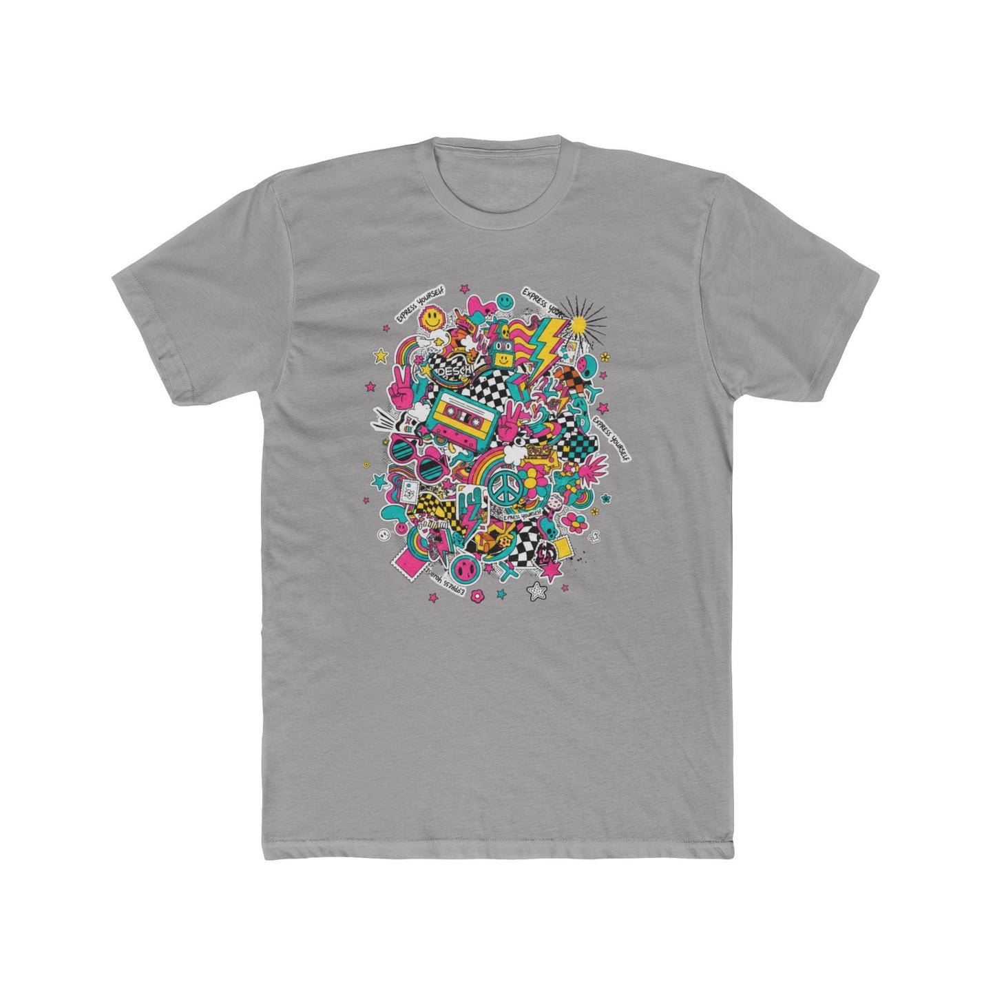Retro 80’s Doodle Tee — Colorful Nostalgic Cassette & Arcade Graphic T-Shirt