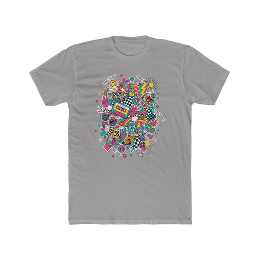 Retro 80’s Doodle Tee — Colorful Nostalgic Cassette & Arcade Graphic T-Shirt