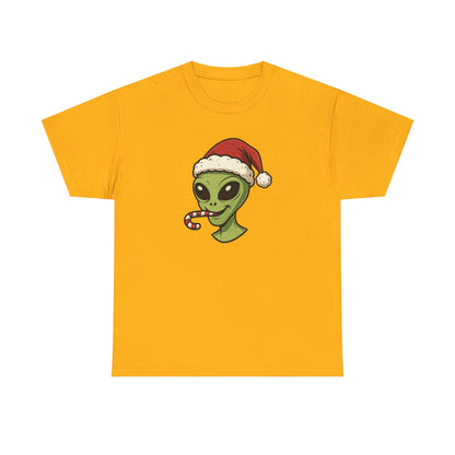 Alien Santa T-Shirt — Cute Green Alien with Santa Hat & Candy Cane Holiday Tee