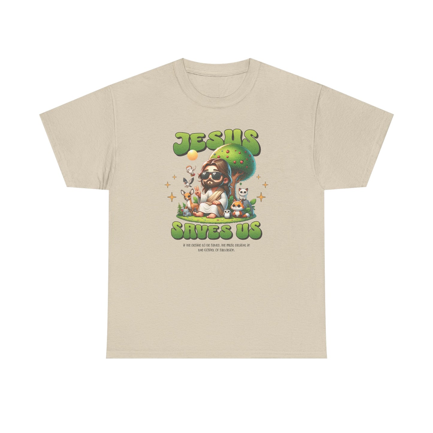 Jesus Saves Us T-Shirt — Cute Retro Jesus with Animals Christian Faith Tee