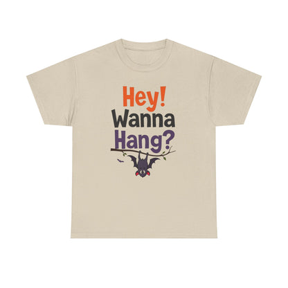 Wanna Hang, Bat Halloween Themed Unisex Heavy Cotton Tee - Fun & Spooky Graphic Tee, Perfect for Parties, Costume Events, Fall Celebrations, Gifts - Psychonaut Swag