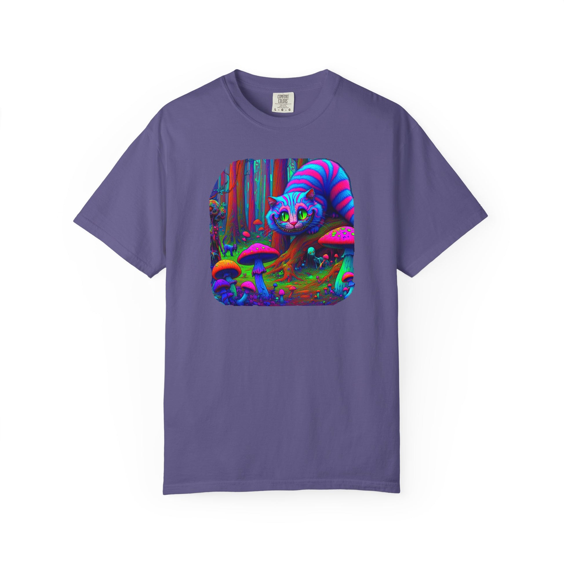 Curious Cat with mushrooms, Unisex Garment-Dyed T-shirt - Psychonaut Swag