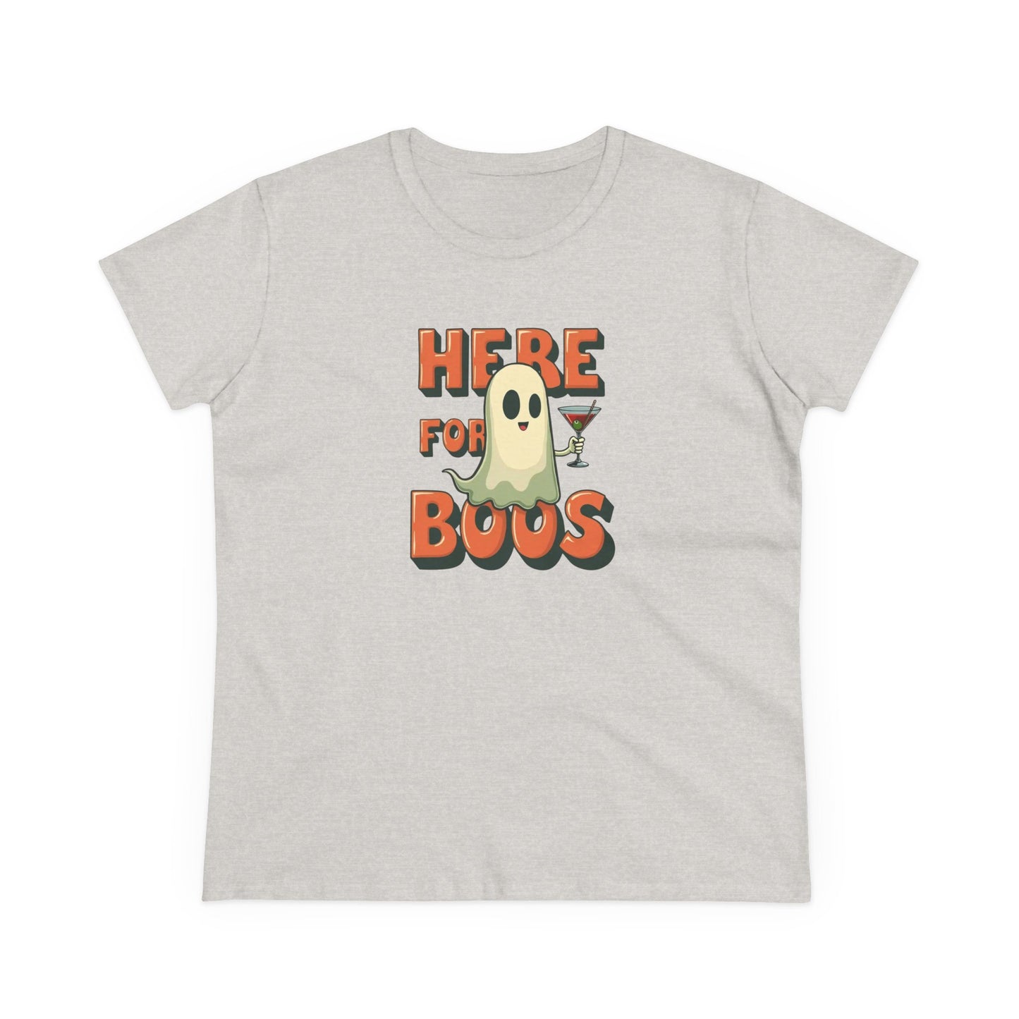 Here for Boos Halloween Ghost Tee — Funny Women’s Halloween T-Shirt with Cocktail Ghost