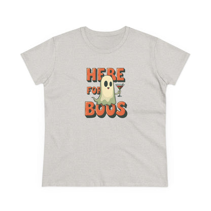Here for Boos Halloween Ghost Tee — Funny Women’s Halloween T-Shirt with Cocktail Ghost