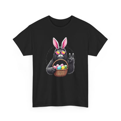 Easter Sasquatch Peace Sign T-Shirt — Cool Black Bunny with Egg Basket