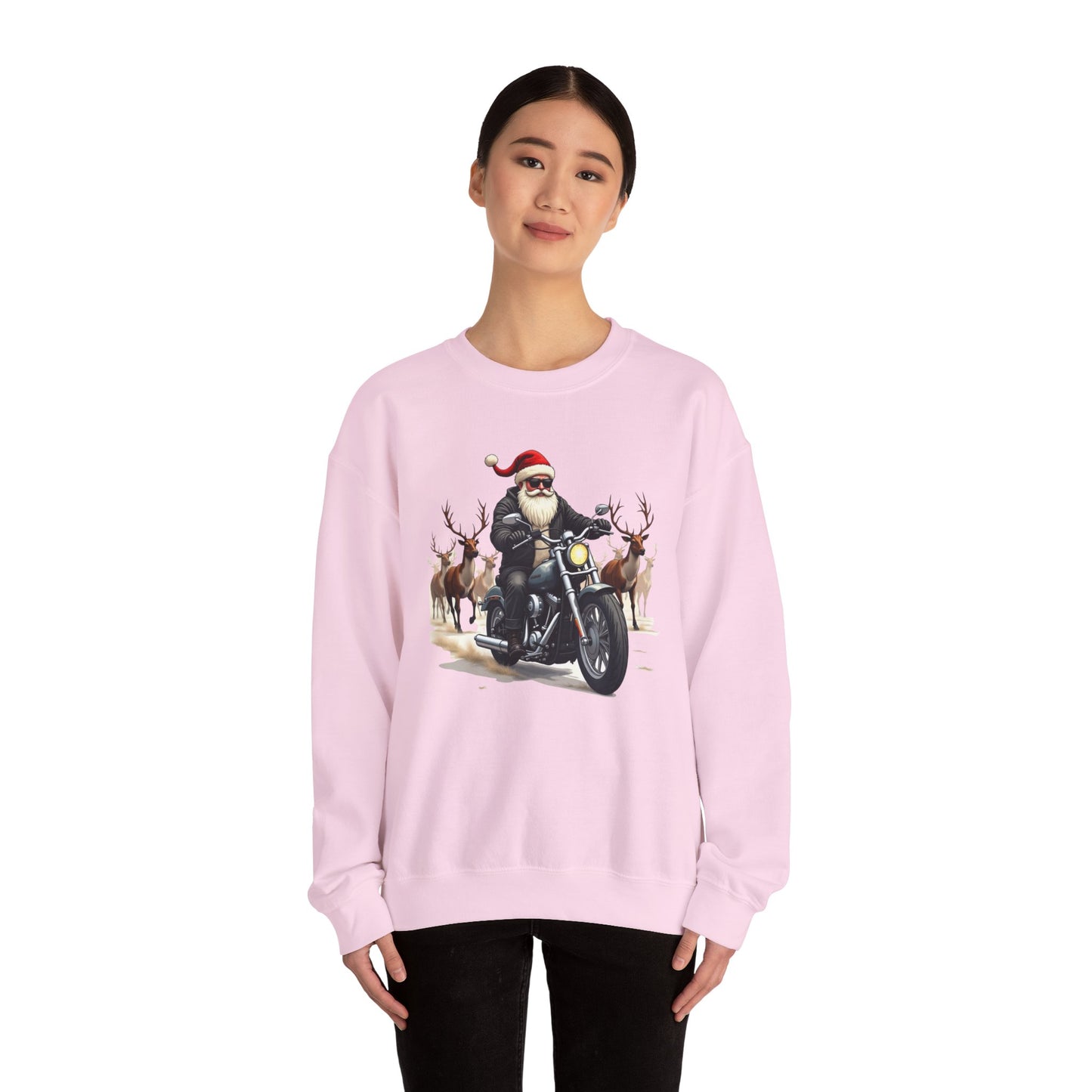 Santa on Motorcycle in Reindeer Stampede — Biker Santa Christmas Crewneck