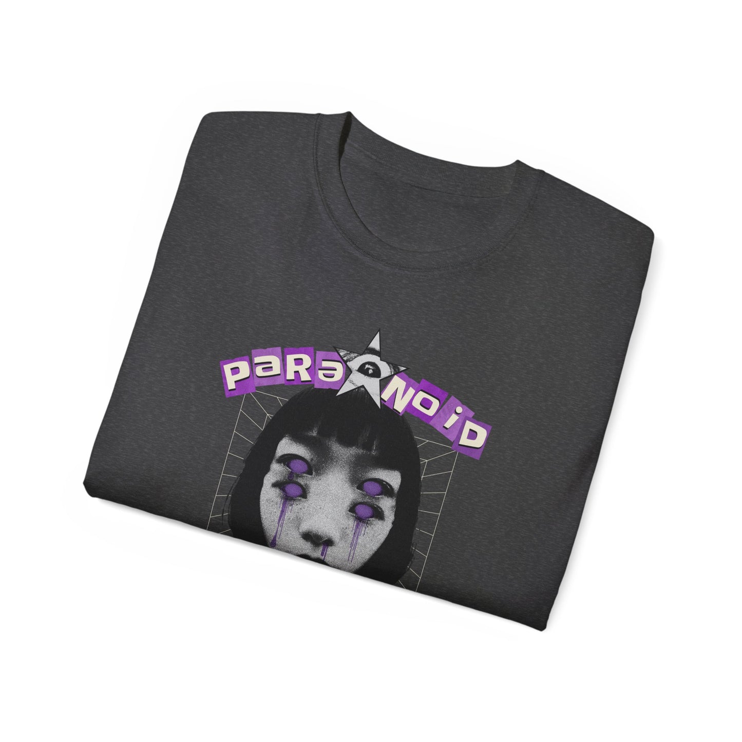 Paranoid in Vegas, Retro Cyber Goth Tee — Purple Distorted Face Graphic Shirt