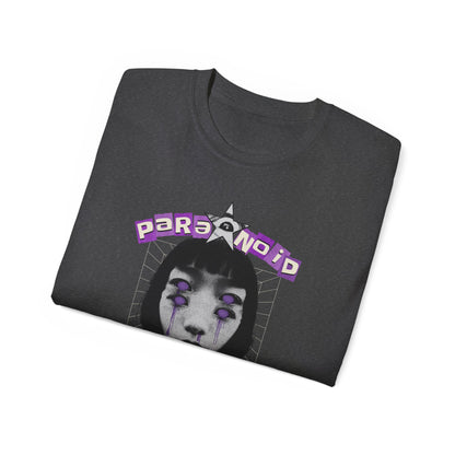 Paranoid in Vegas, Retro Cyber Goth Tee — Purple Distorted Face Graphic Shirt