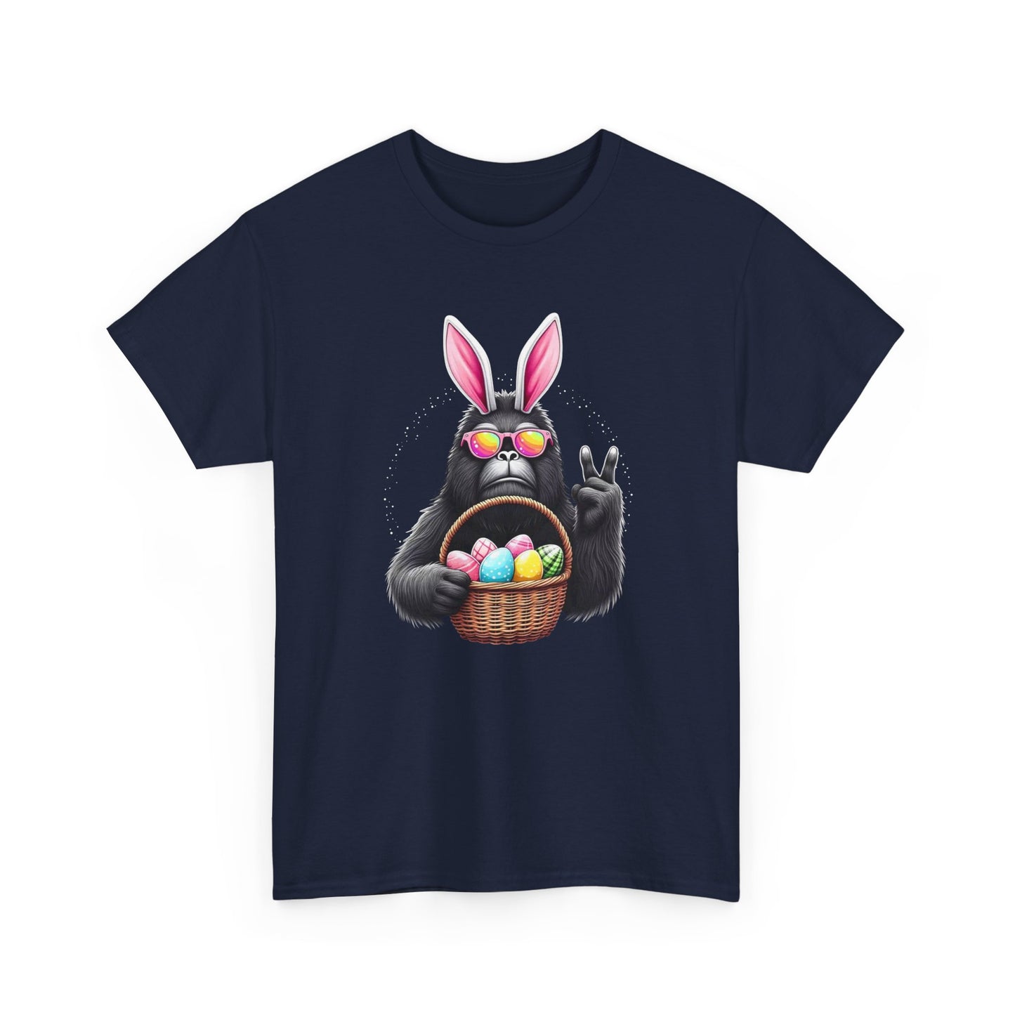 Easter Sasquatch Peace Sign T-Shirt — Cool Black Bunny with Egg Basket