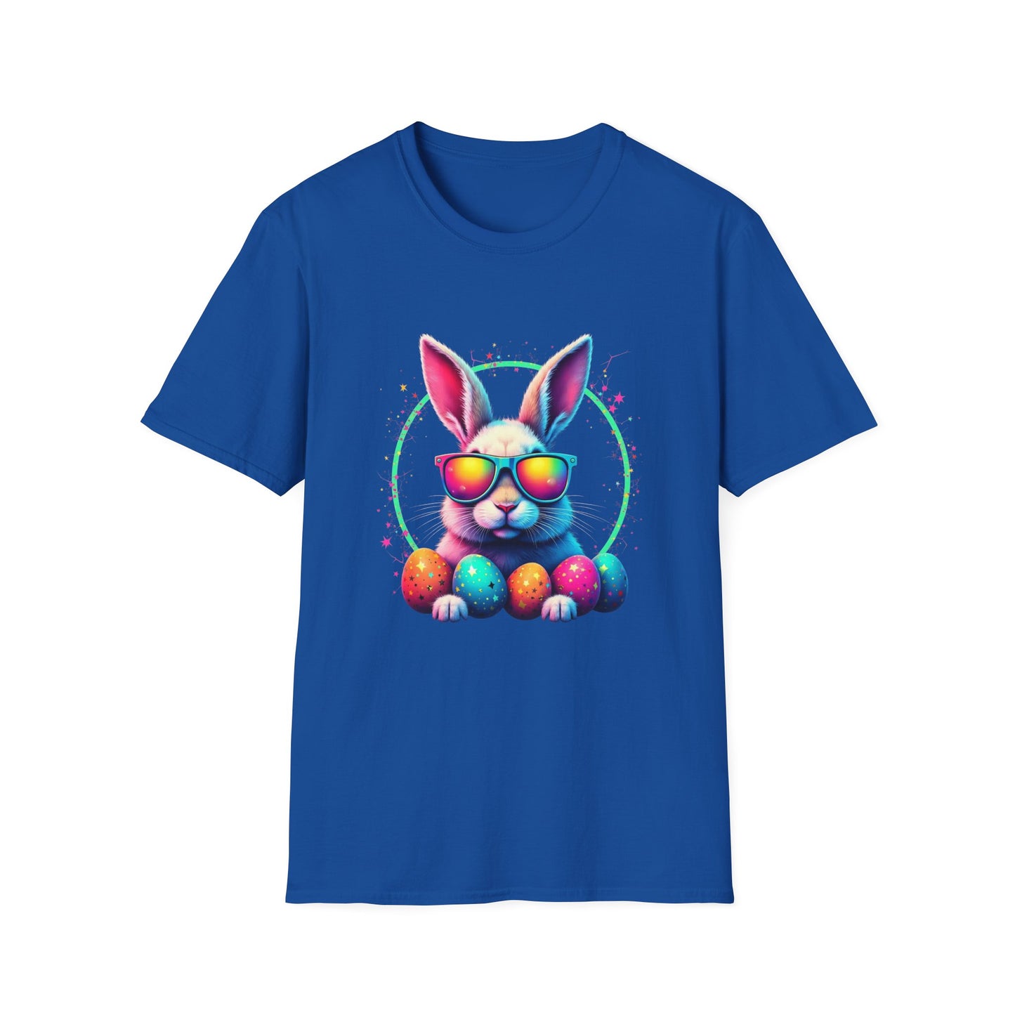 Easter Bunny Sunglasses T-Shirt — Colorful Neon Bunny with Easter Eggs