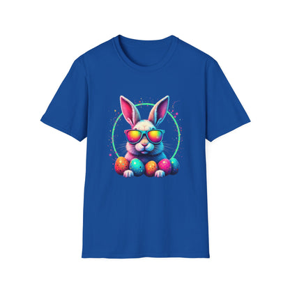 Easter Bunny Sunglasses T-Shirt — Colorful Neon Bunny with Easter Eggs