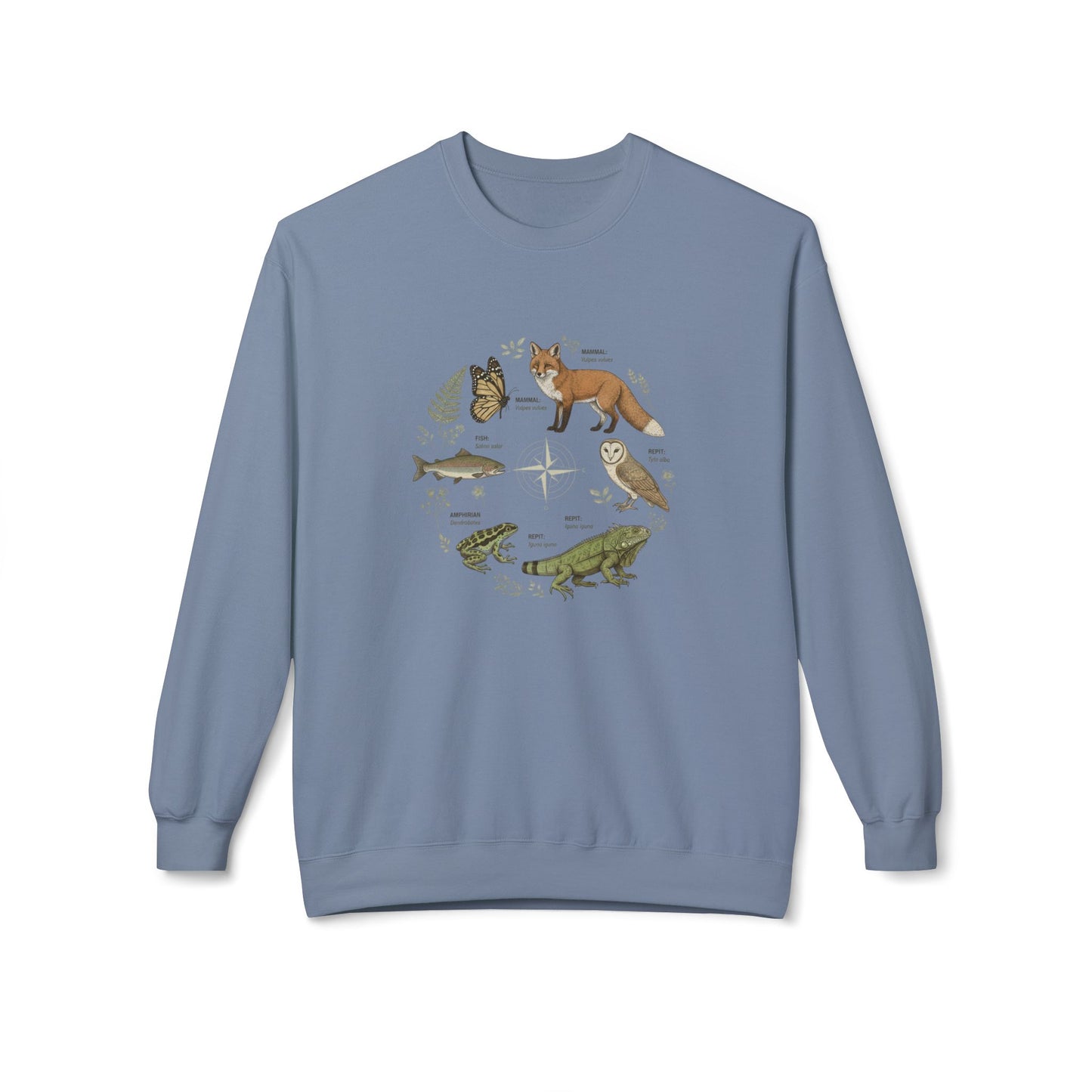 Wildlife Circle Crewneck Sweatshirt — Forest Fox, Owl & Frog Nature Illustration