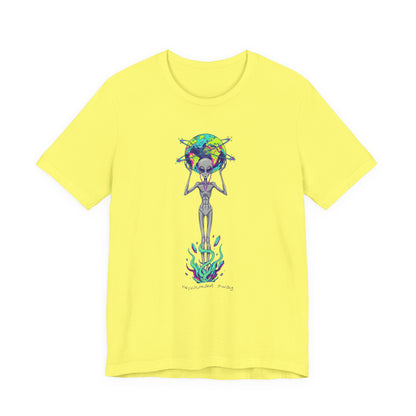 Alien Holding Earth Graphic Tee — Cosmic Sci‑Fi Alien Shirt