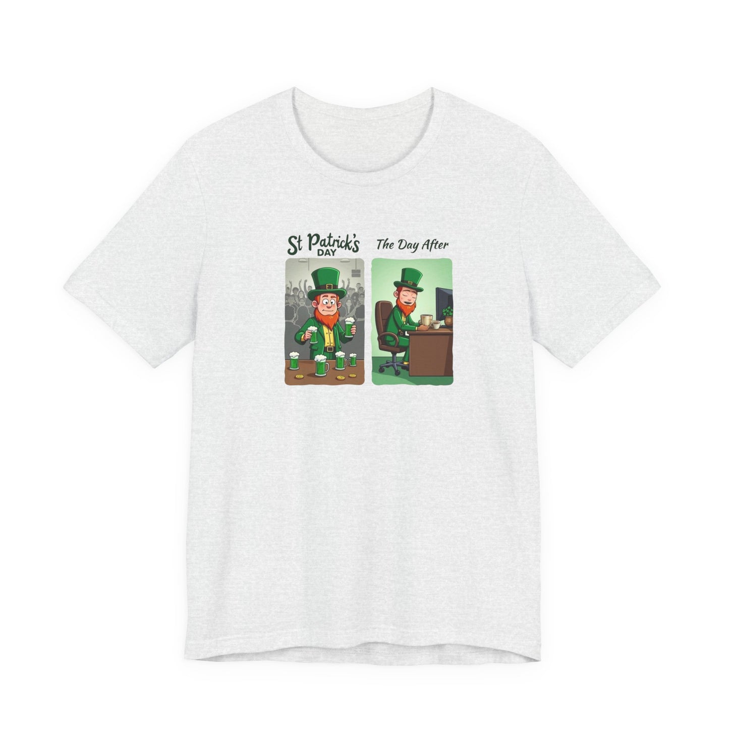 St. Patrick's Day Leprechaun Funny Cartoon T-Shirt — "St. Patrick's Day / The Day After" Tee