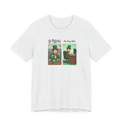 St. Patrick's Day Leprechaun Funny Cartoon T-Shirt — "St. Patrick's Day / The Day After" Tee