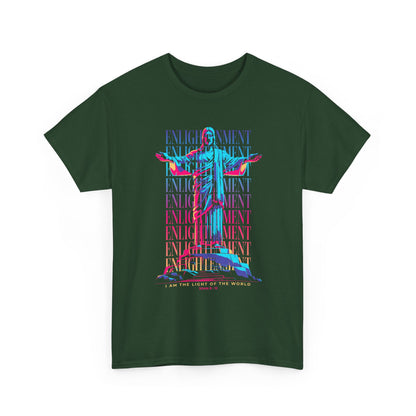 Enlightenment Tee — Neon Statue Graphic T-Shirt ("Entertainment" Text Design)
