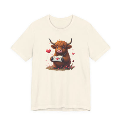 Valentine Highland Cow Tee — Cute Love Letter Bull Shirt