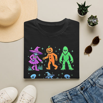 Halloween Monster Dance T-Shirt — Neon Witch, Pumpkin & Yeti Graphic Tee