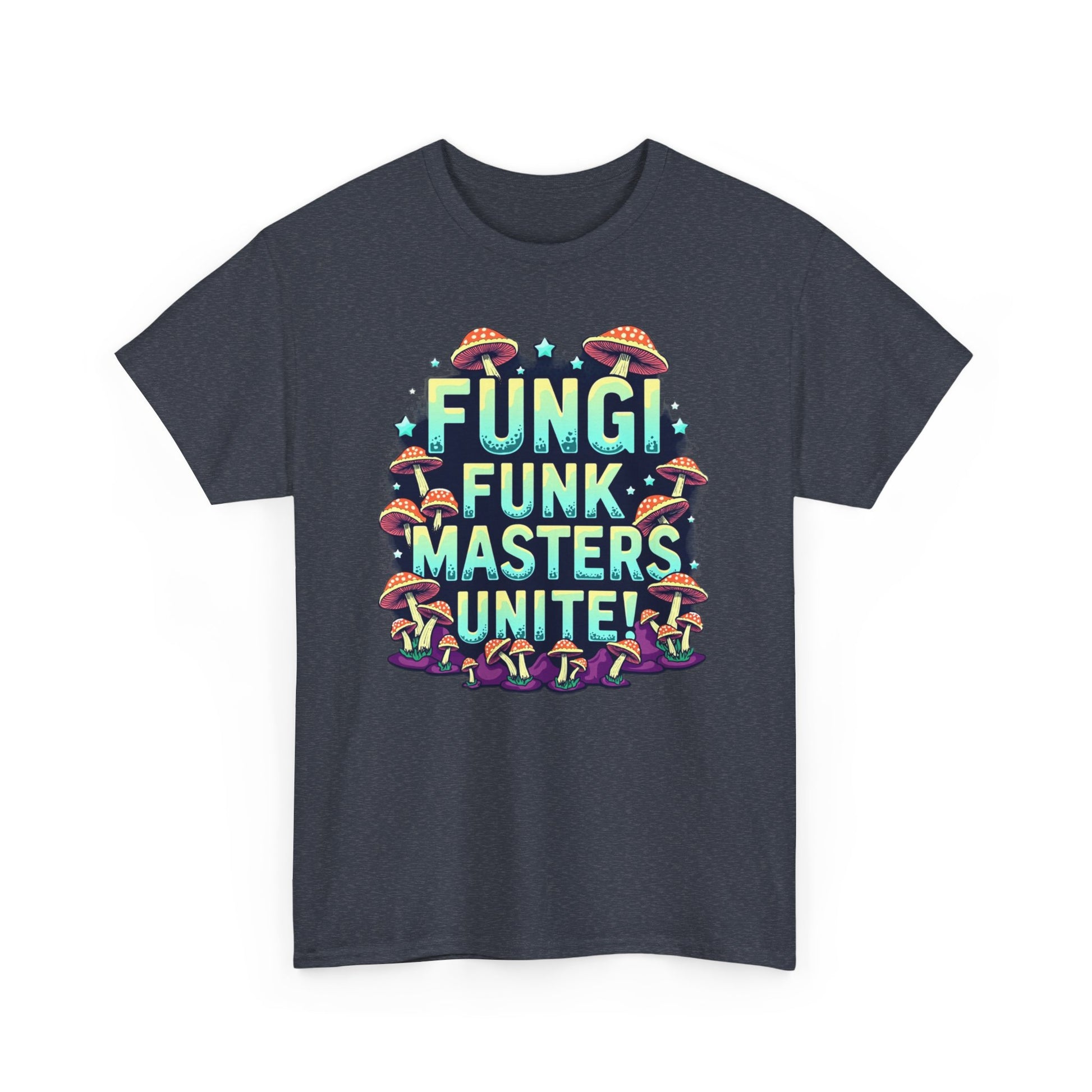 Fungi Funk Masters Unite Unisex Heavy Cotton Tee - Playful Mushroom Graphic T-Shirt - Psychonaut Swag
