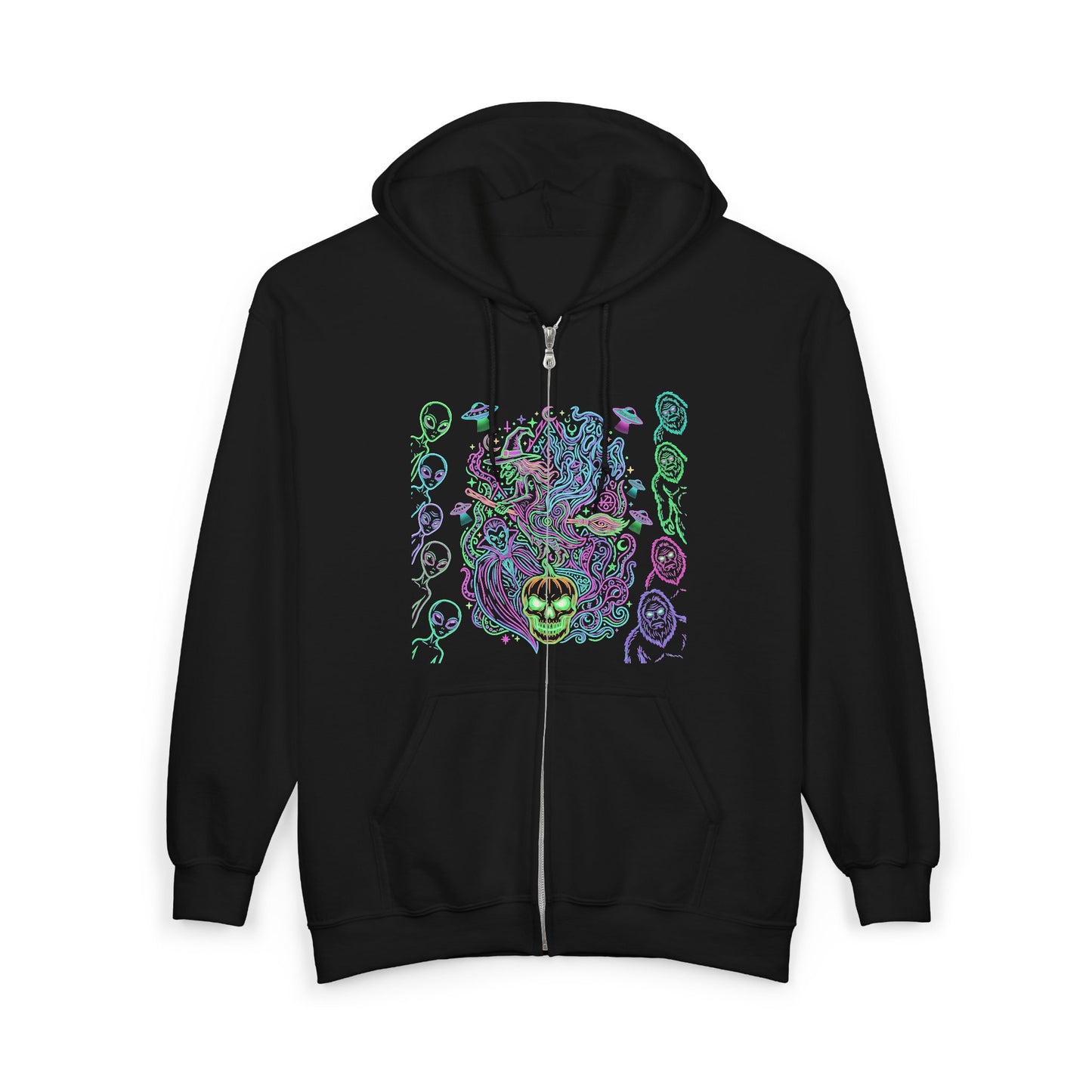 Psychedelic Watchers and Monsters,  Halloween Zip Hoodie — Neon Trippy Alien Art Full‑Zip Sweatshirt