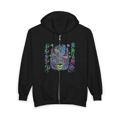 Psychedelic Watchers and Monsters,  Halloween Zip Hoodie — Neon Trippy Alien Art Full‑Zip Sweatshirt