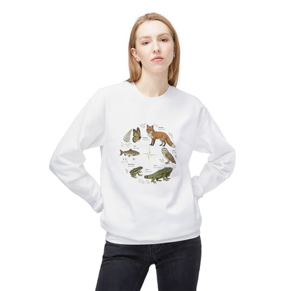 Wildlife Circle Crewneck Sweatshirt — Forest Fox, Owl & Frog Nature Illustration