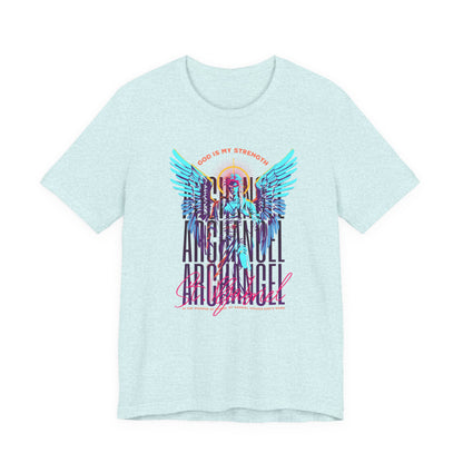 St. Gabriel Angel Tee — "God Is My Strength" Neon Graphic T-Shirt