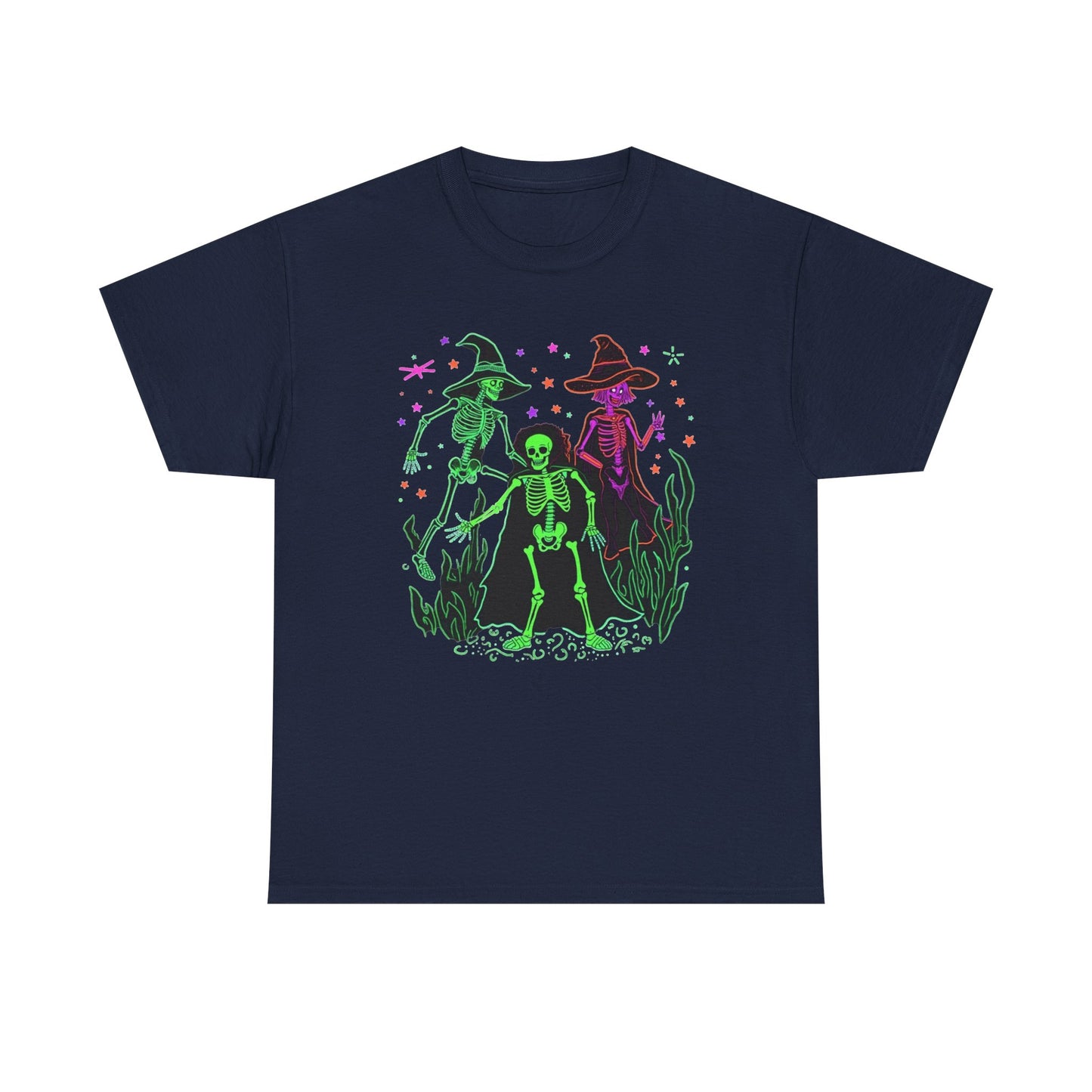 Halloween Neon Witches & Skeleton Tee — Retro Spooky Graphic T-Shirt