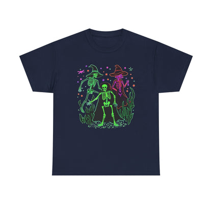 Halloween Neon Witches & Skeleton Tee — Retro Spooky Graphic T-Shirt