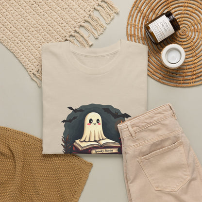 Ghost Reader T-Shirt — Cute Ghost on Stacked Books Halloween Tee