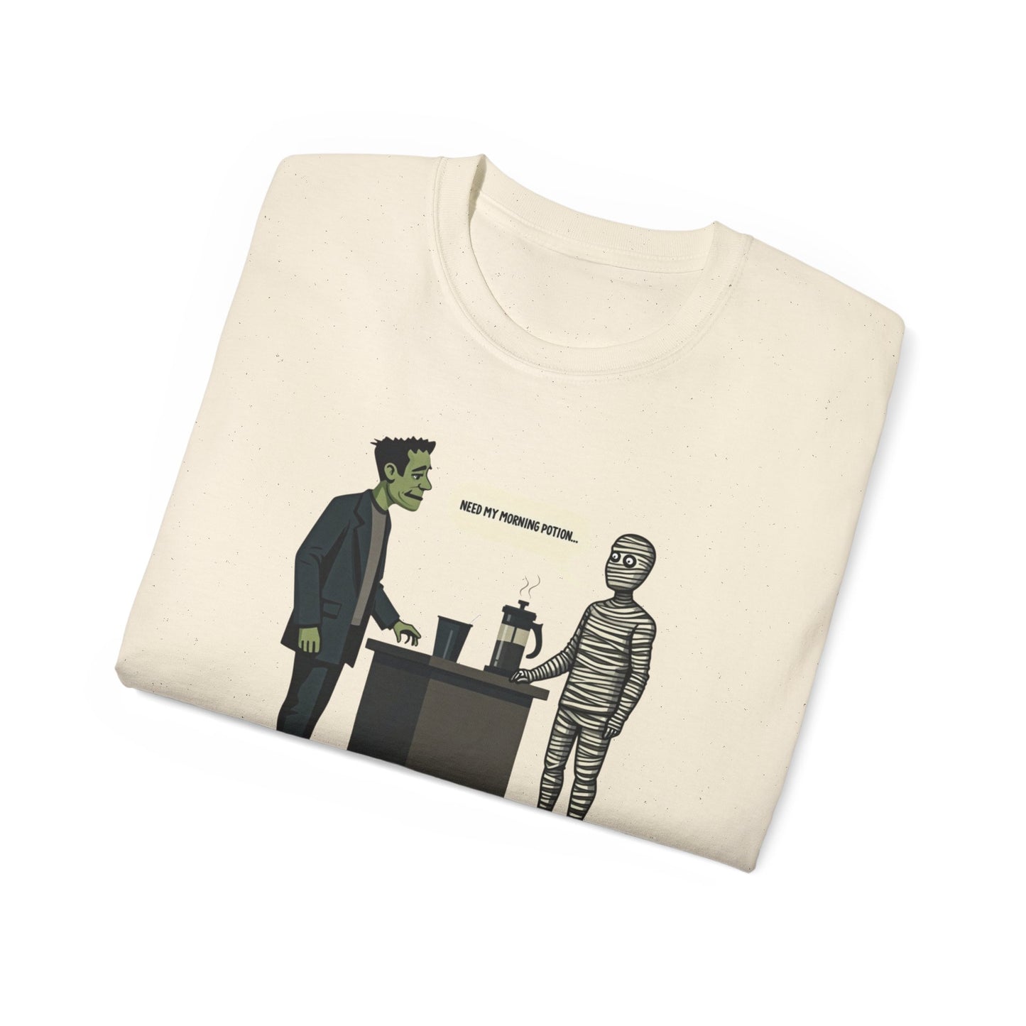 Funny Halloween Tee — Frankenstein & Mummy Coffee Joke Shirt