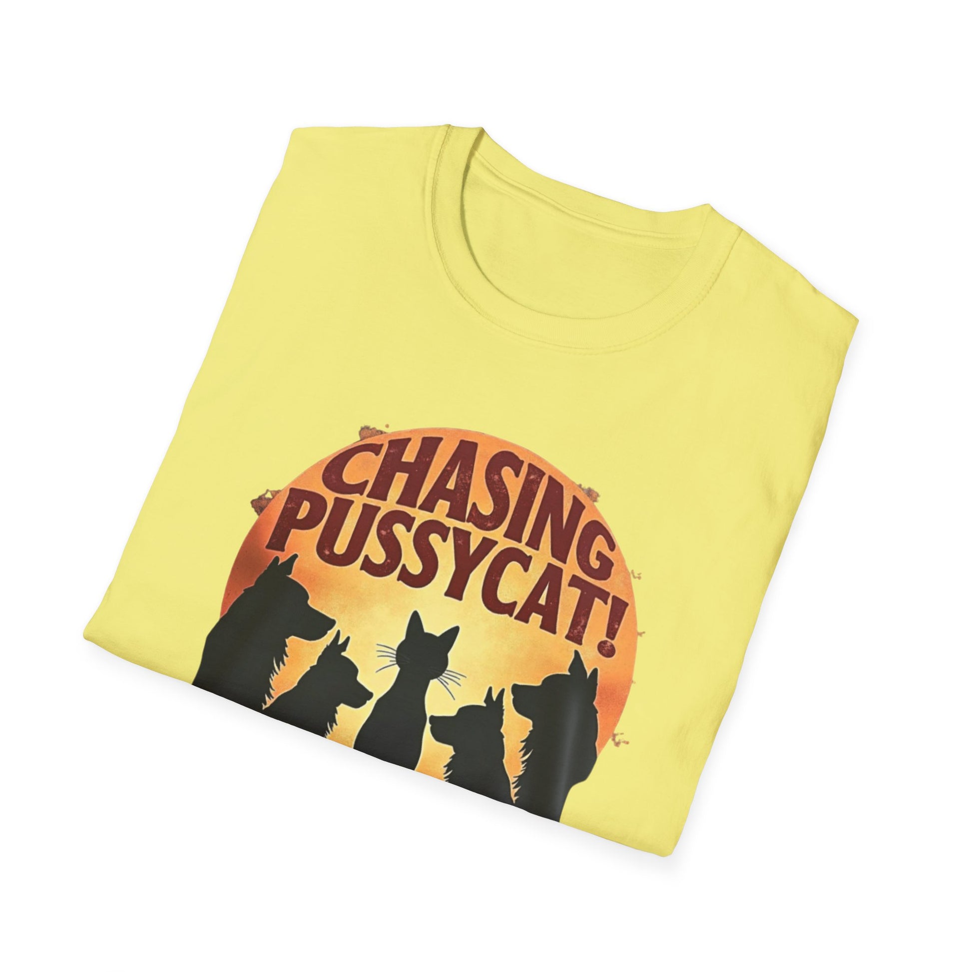 Chasing Pussycat Unisex Softstyle T-Shirt, Fun Cat Lovers Tee, Gift for Animal Enthusiasts, Quirky Casual Wear, Perfect for Festivals [...] - Psychonaut Swag