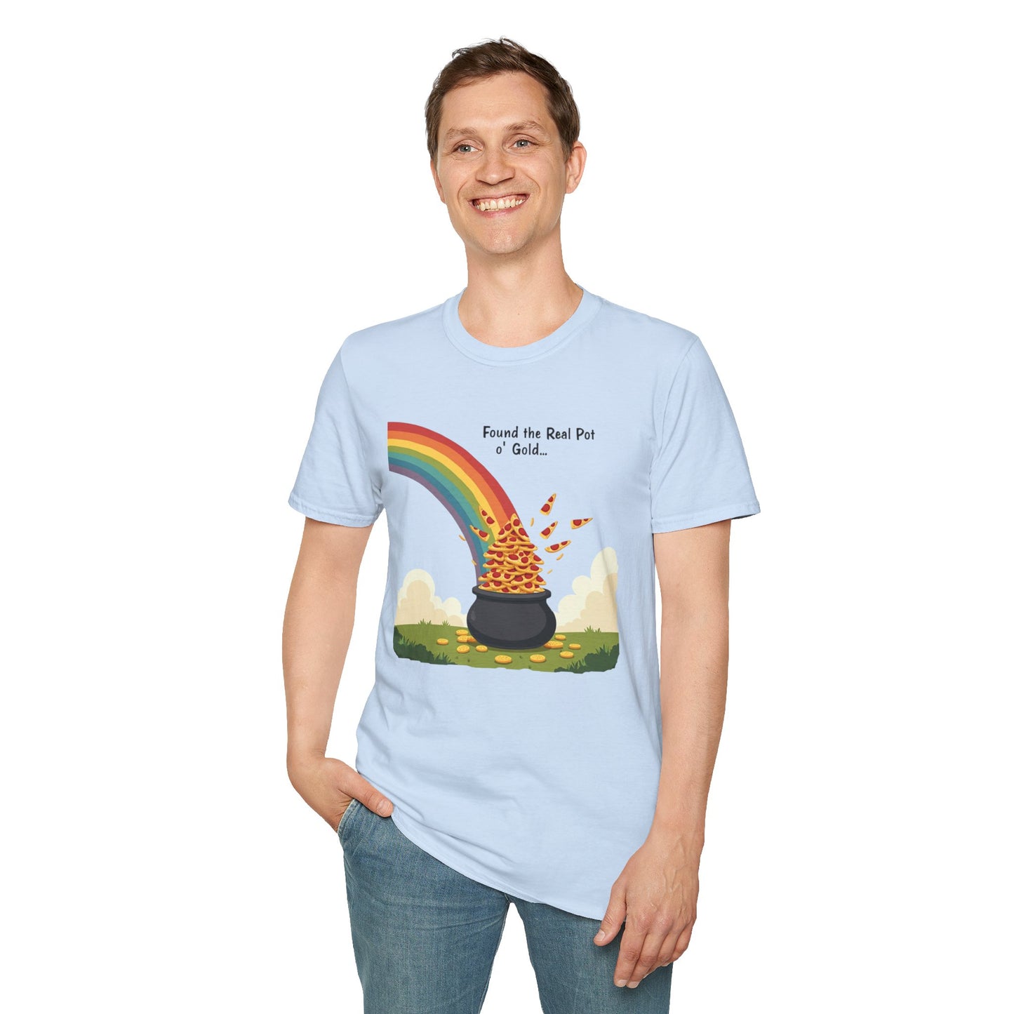 T‑Shirt — "Found the Real Pot of Gold" Rainbow & Leprechaun Cat Graphic