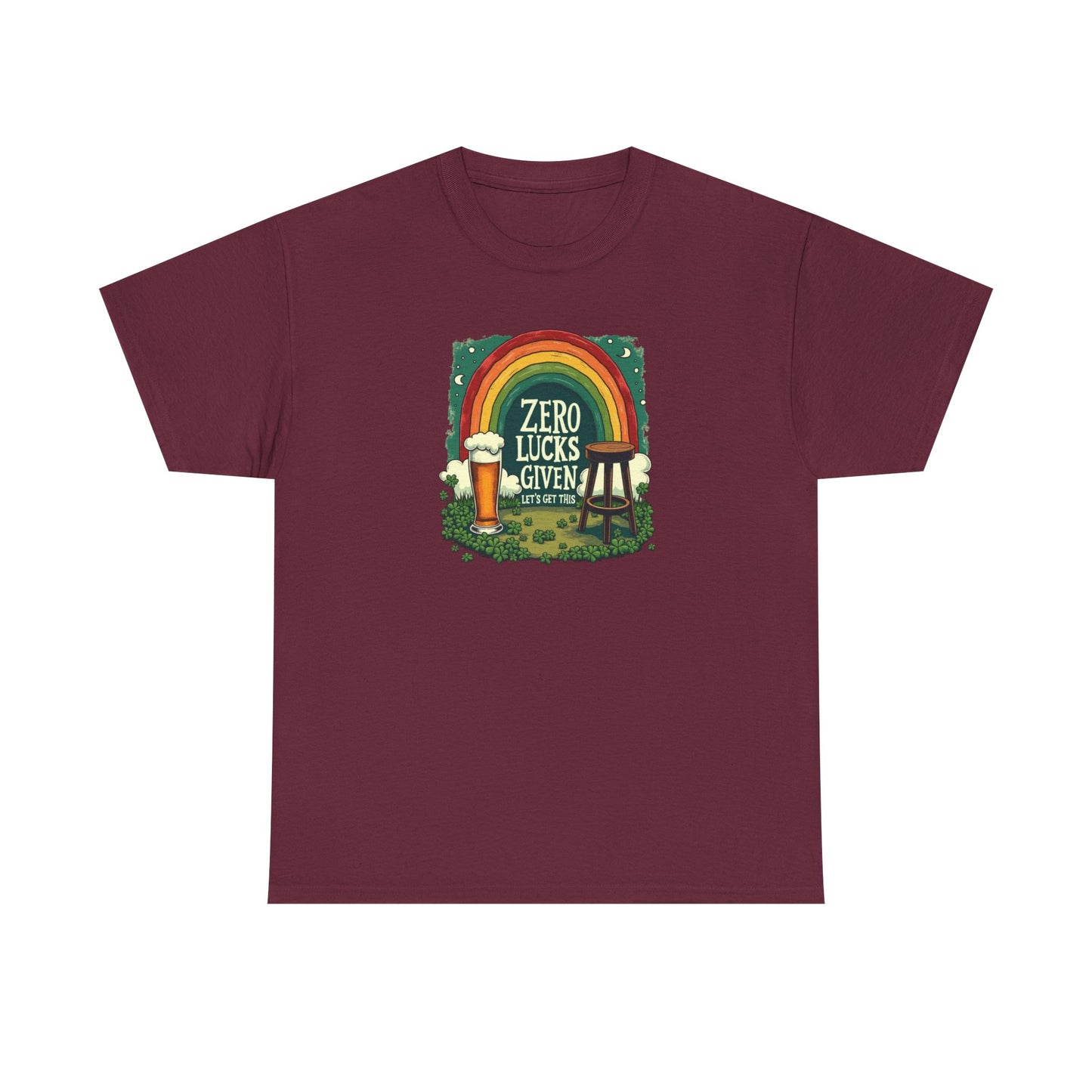 St. Patrick’s Day Tee — "Zero Lucks Given" Rainbow & Beer Graphic T-Shirt