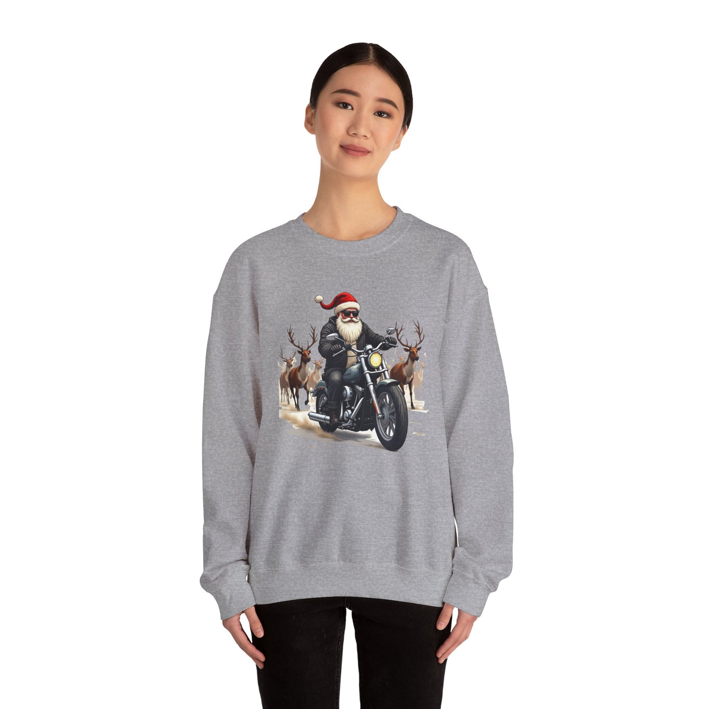 Santa on Motorcycle in Reindeer Stampede — Biker Santa Christmas Crewneck