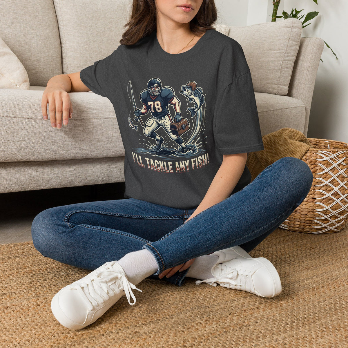 Football Fisherman T‑Shirt – Vintage Helmeted Player Catching Fish Graphic