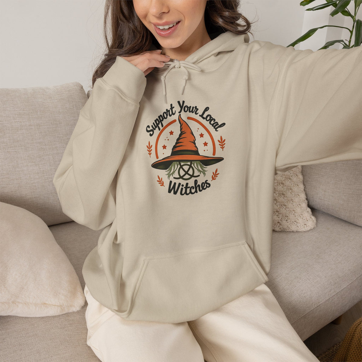 Support Your Local Witches Hoodie — Cute Witch Hat Graphic Pullover for Halloween