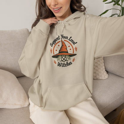 Support Your Local Witches Hoodie — Cute Witch Hat Graphic Pullover for Halloween