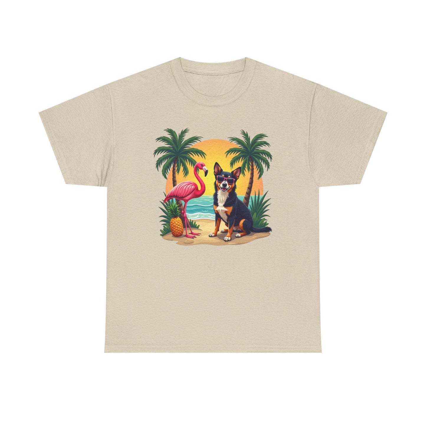 Dog Beach Sunset T-Shirt — Tropical Flamingo Palm Tee
