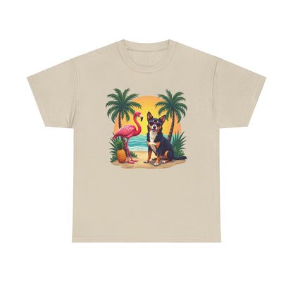 Dog Beach Sunset T-Shirt — Tropical Flamingo Palm Tee