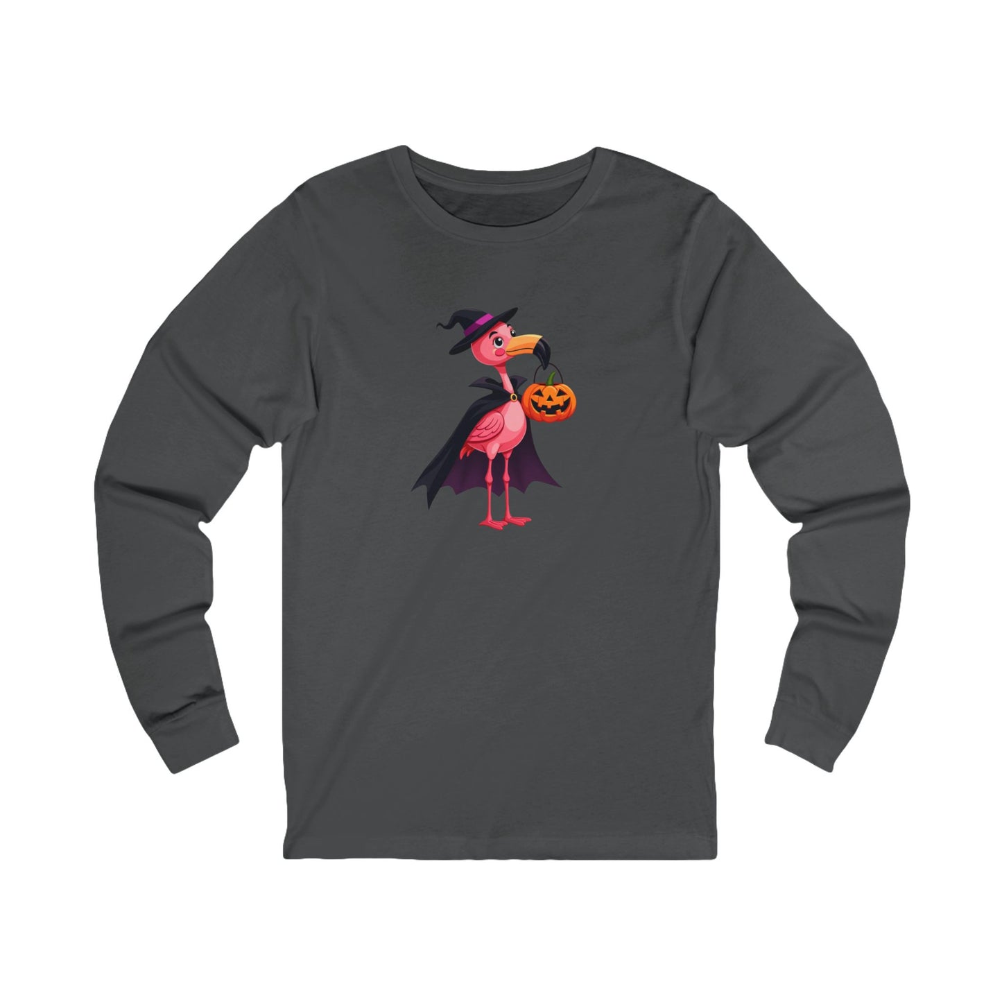 Halloween Flamingo Long Sleeve Tee — Cute Witch Flamingo with Jack‑o’‑Lantern