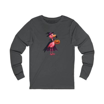 Halloween Flamingo Long Sleeve Tee — Cute Witch Flamingo with Jack‑o’‑Lantern