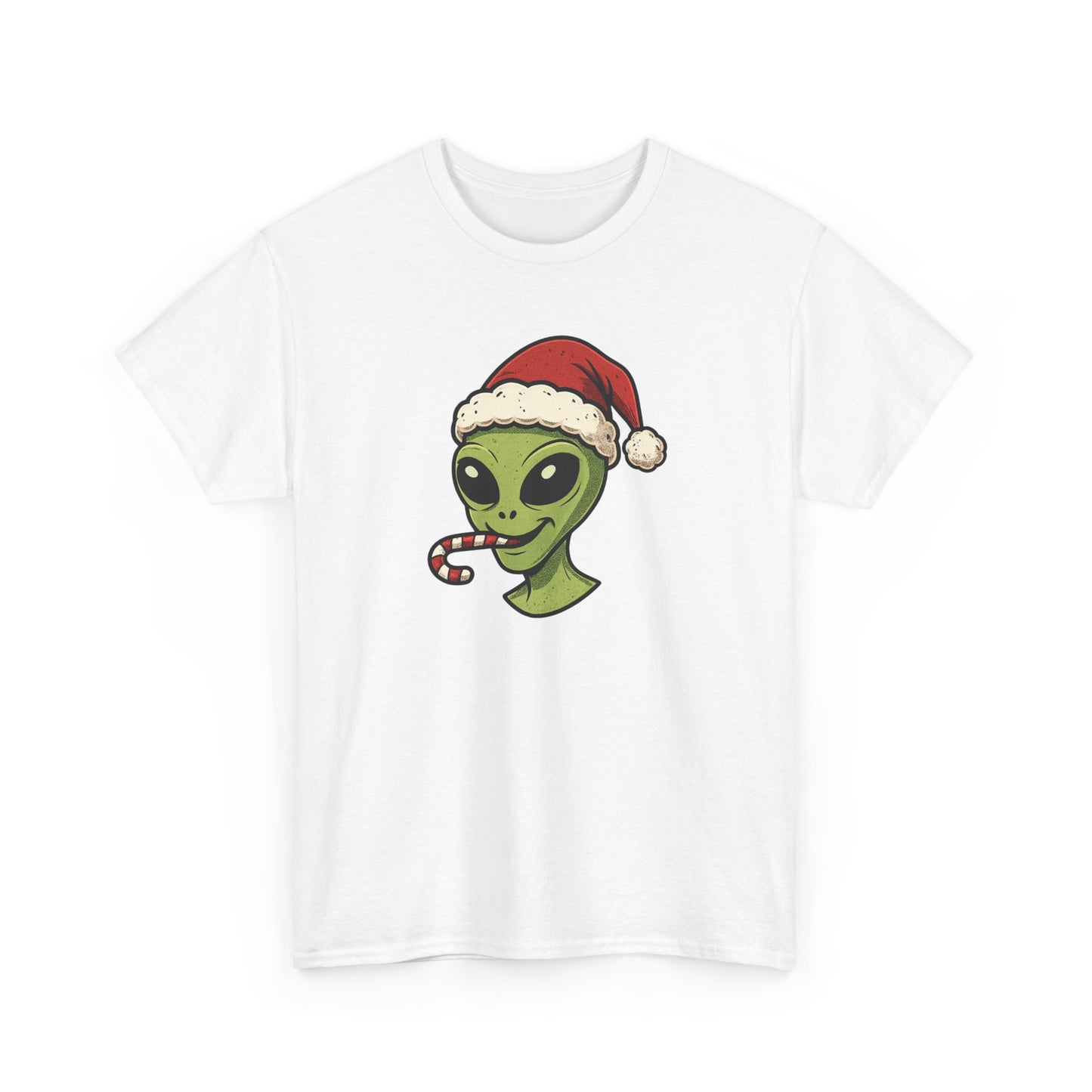 Alien Santa T-Shirt — Cute Green Alien with Santa Hat & Candy Cane Holiday Tee