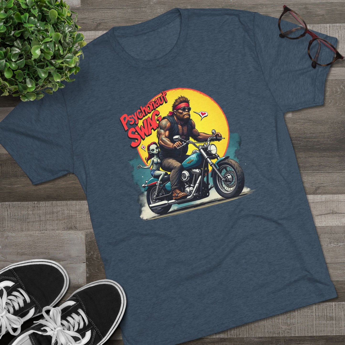 Psychonaut Swag Bigfoot on Motorcycle T-Shirt — Retro Biker Graphic Tee