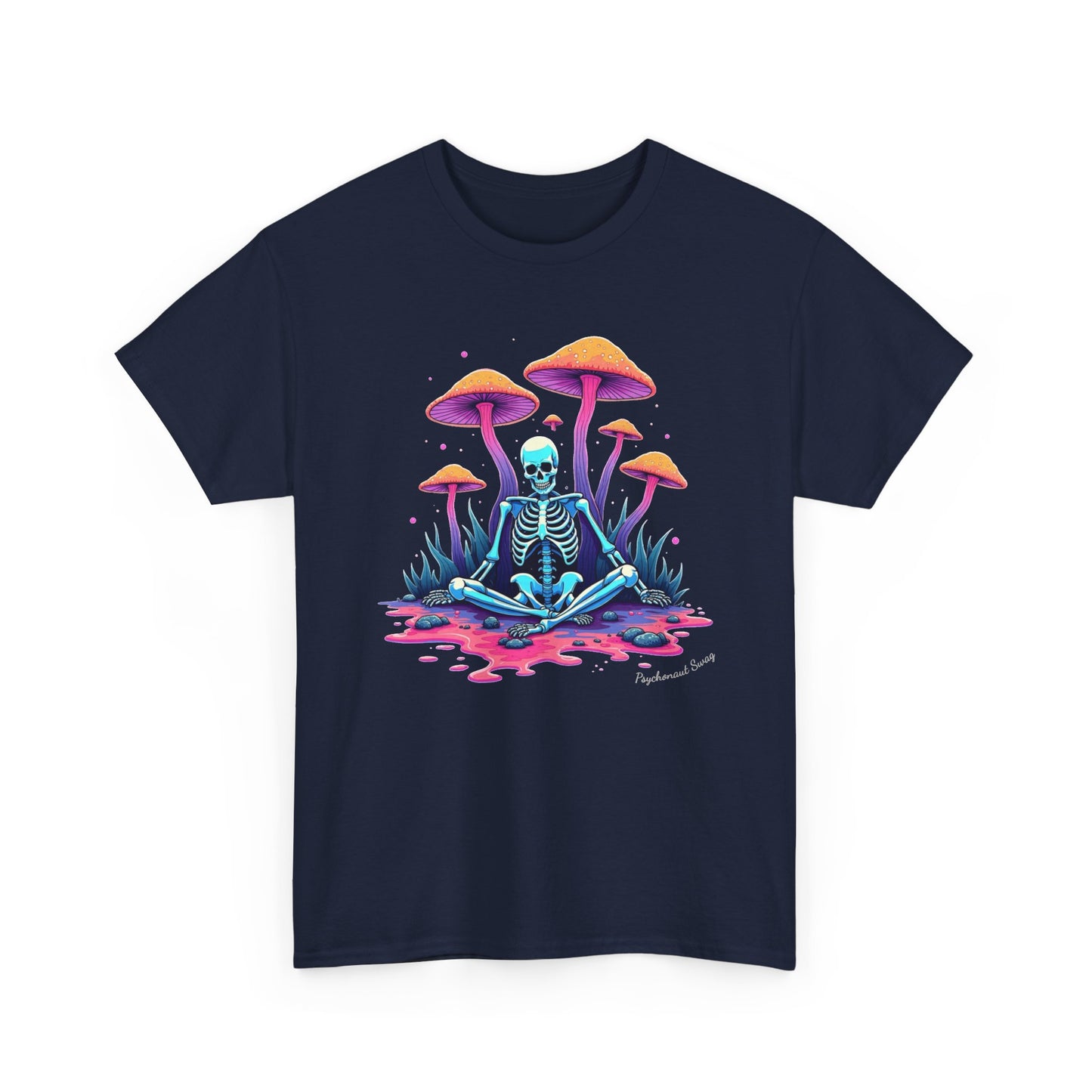 Psychedelic Mushroom Skeleton Near-Death Trip T‑Shirt — Neon Trippy Fungi Meditation Tee