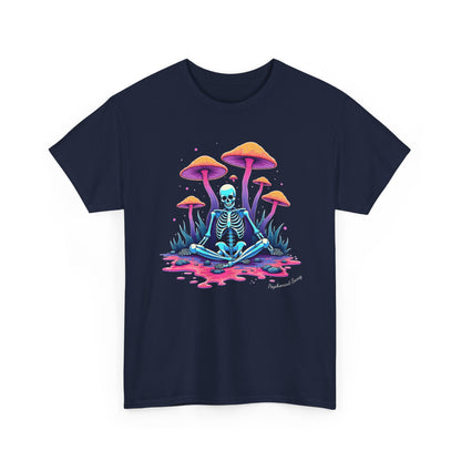 Psychedelic Mushroom Skeleton Near-Death Trip T‑Shirt — Neon Trippy Fungi Meditation Tee