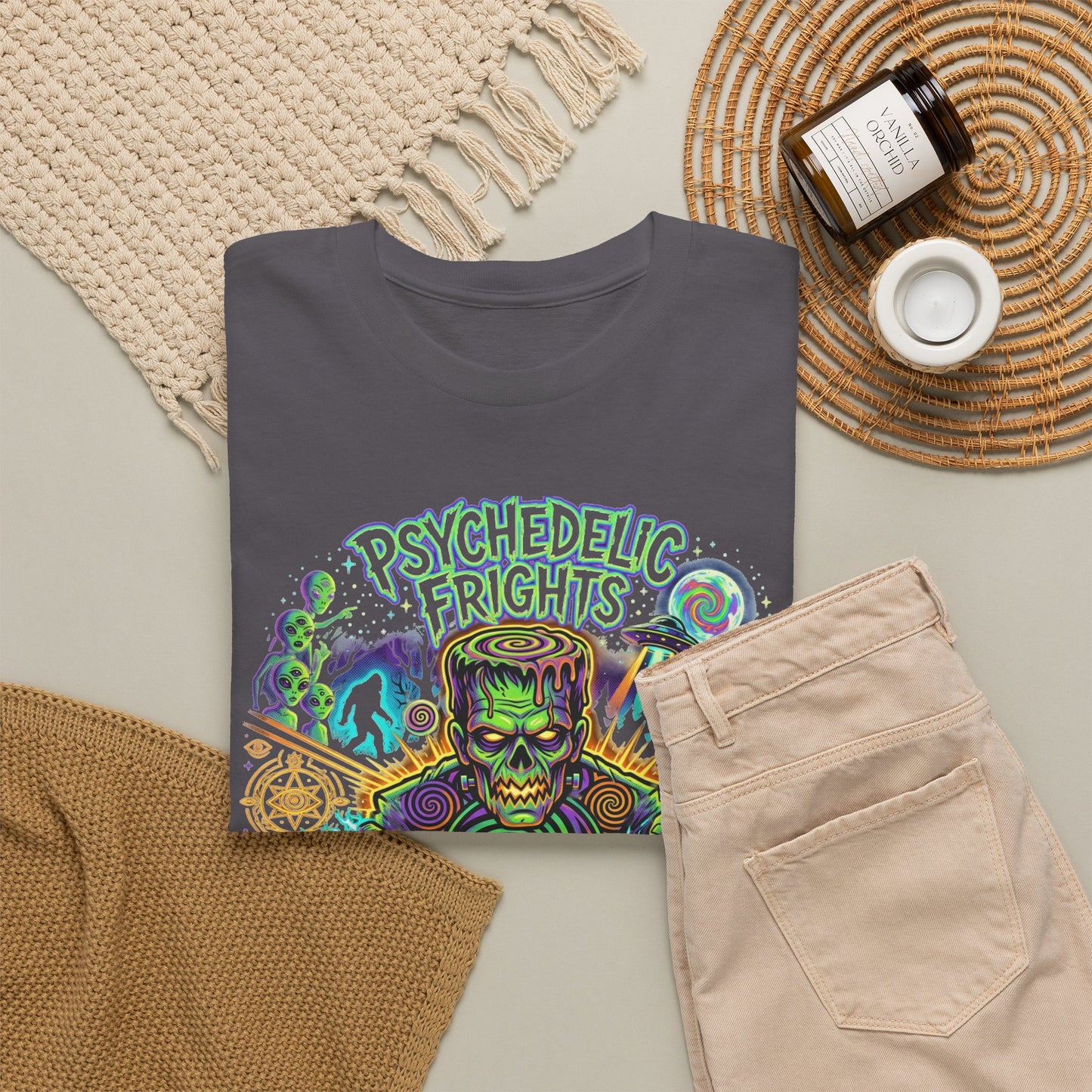 Psychedelic Monsters Halloween Tee — Spooky Pumpkin and Sasquatch Horror Graphic T-Shirt